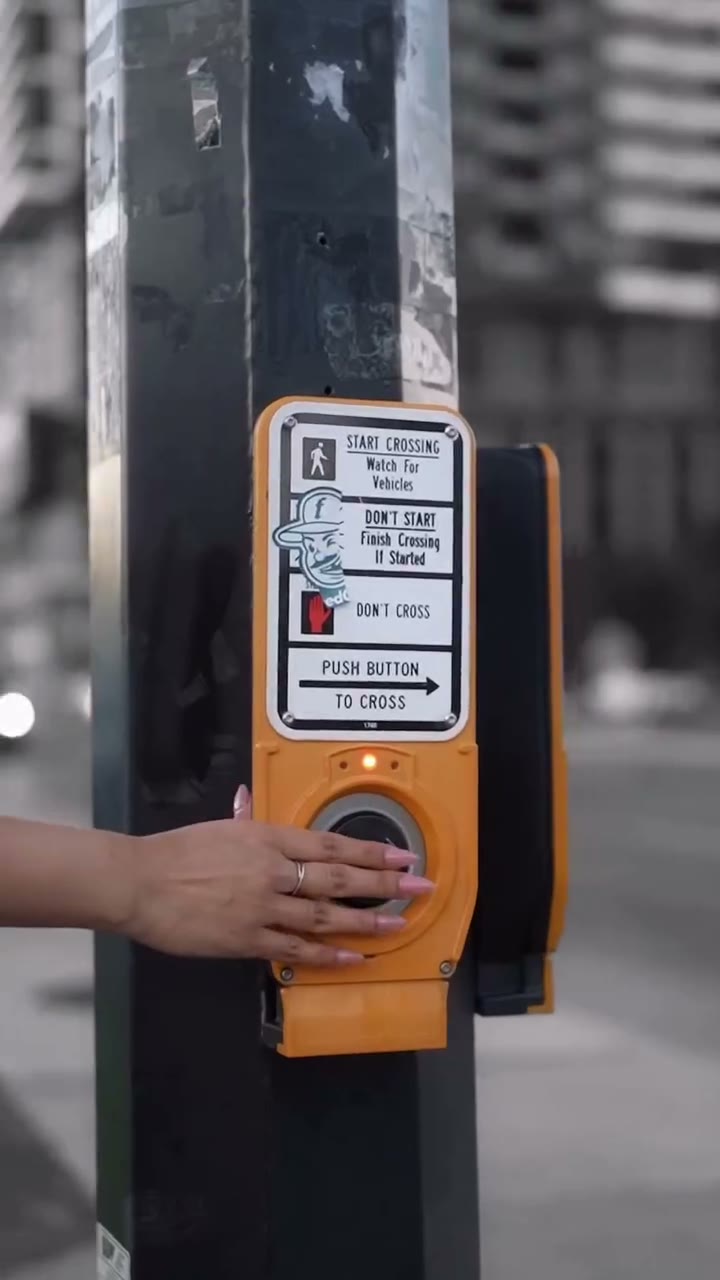 Hand pressing a crosswalk button in a cinematic street frame